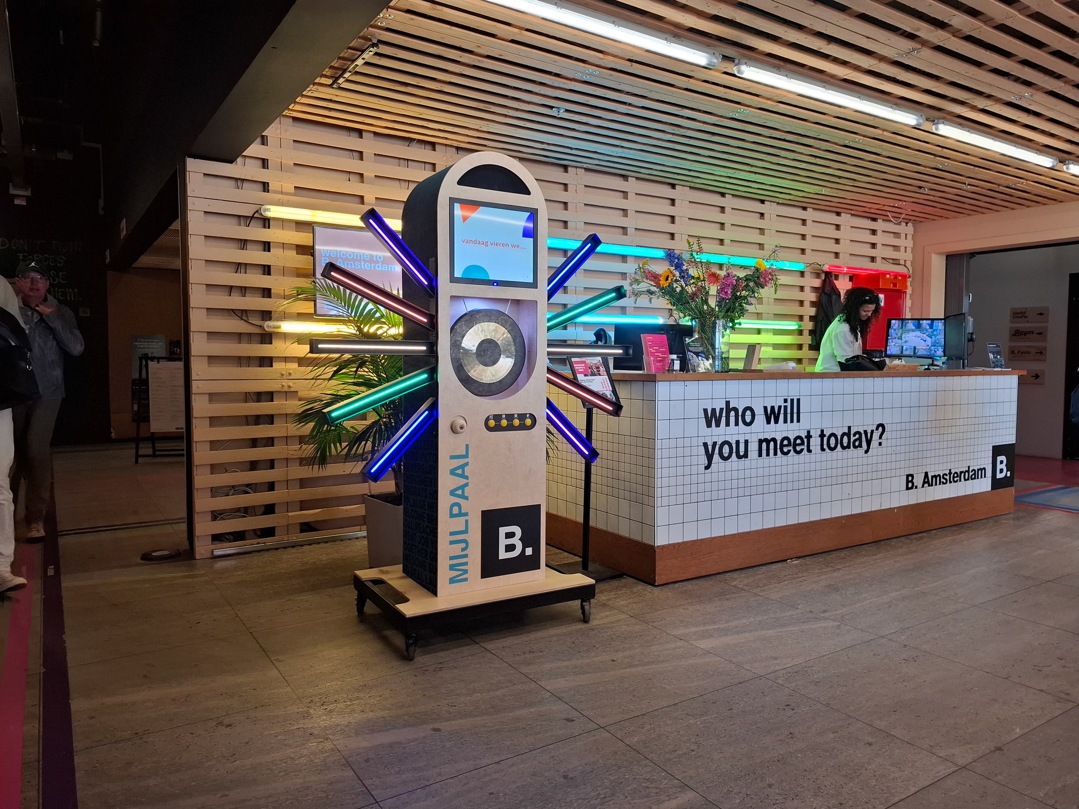 Wide view of the Milestone installation in the B. Amsterdam reception area