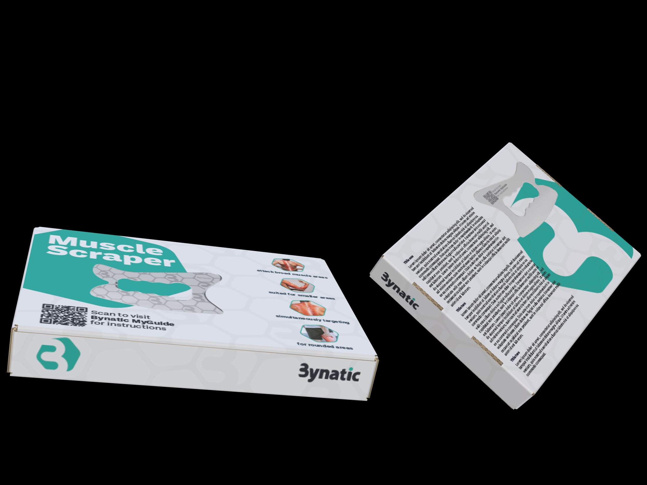 Two views of the Bynatic Muscle Scraper packaging on a black background